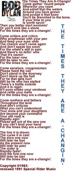 Bob Dylan - 30th anniversary & Song Lyrics - http://www.bobdylan.com/#/songs/times-they-are-changin